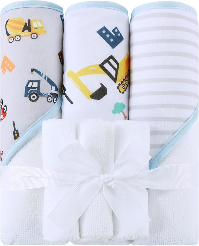 Viviland 6 Pcs Hooded Baby Towels and Washcloths Set, Super Gentle Bath Towels for Newborn Face & Body, Absorbent Wash Cloth for Infants Boys, Grey-Excavator Pattern, 28 x 28 inch