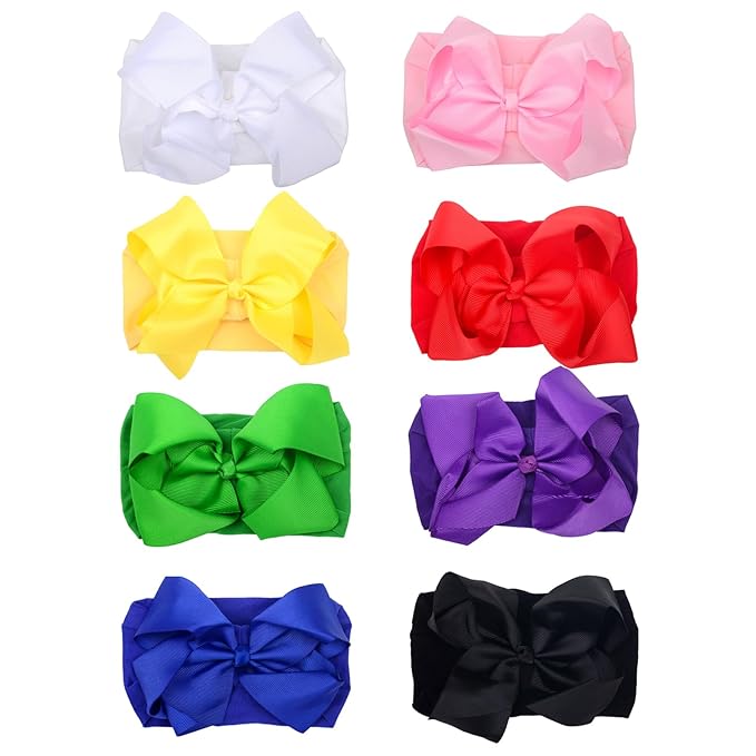 8 Pcs Baby Girls Headband Bows, Soft Nylon Hairbands Cute Big Bow Super Elastic Headband For Baby Girls Newborn Infant Toddlers (8 Pcs Traditional Color, Large)