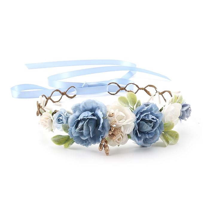 Flower Girl Flower Crown Pink Baby Girls Floral Headpieces Kids Headband Children Hair Wreath Photo Prop (Dusty Blue-Child Size)