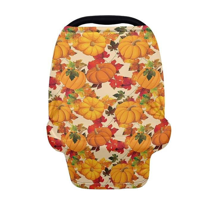 Coldinair Brown Pumpkin Print Nursing Cover for Breastfeeding Fall Thanksgiving Day Maple Leaf Multipurpose Carseat Canopy Covers Breathable Mother Breastfeeding Cover