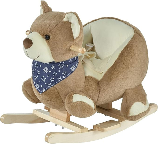 Qaba Baby Rocking Horse with Lullaby, Ride On Horse, Bear Themed Plush Animal Rocker with Pedals for Ages 18-36 Months, Easy to Assemble