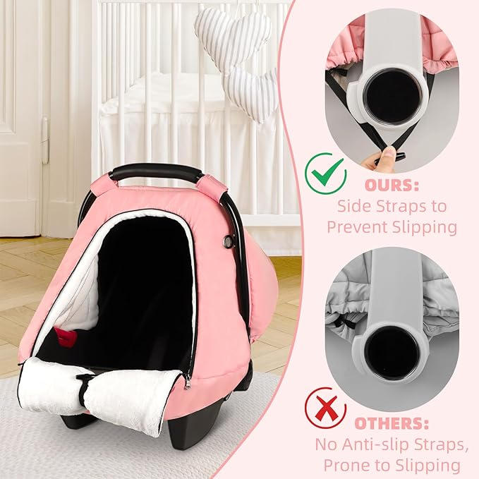 SWESEN Winter Car Seat Covers for Babies, Cozy & Warm Cover, Infant Car Seat Canopy Water Resistant, Universal Cold Weather Shield, Pink