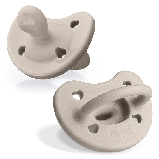 Chicco PhysioForma Luxe Orthodontic Pacifier for Babies 6-16 Months, One-Piece 100% Soft Silicone, Supports Breathing, Textured Shield & Handle, Sterilizing Case, BPA Free, 2-Pack, Grey