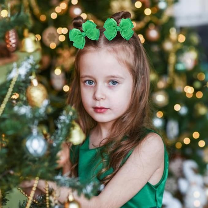 Tiny 3 Inch Organza Double Hair Bow Clips - Lined Boutique Alligator Hairpin for Baby Girls, Toddlers, and Little Teens - Kids Barrettes Set of 2 Small Stylish (Green)