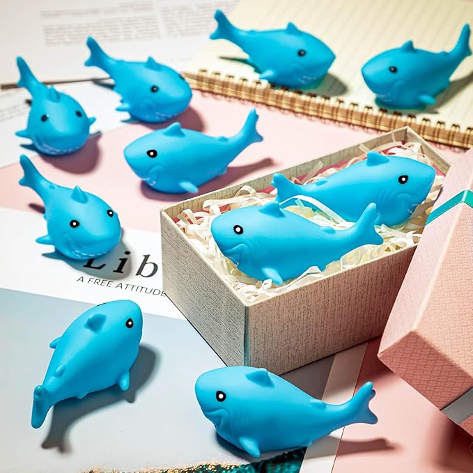 HFAYDZSW 70 Pcs Rubber Sharks for Kids, Blue Shark Bath Toys Cute Floating Squeaky Mini Rubber Sharks for Shower, Classroom Carnival Prizes, Cake Decoration