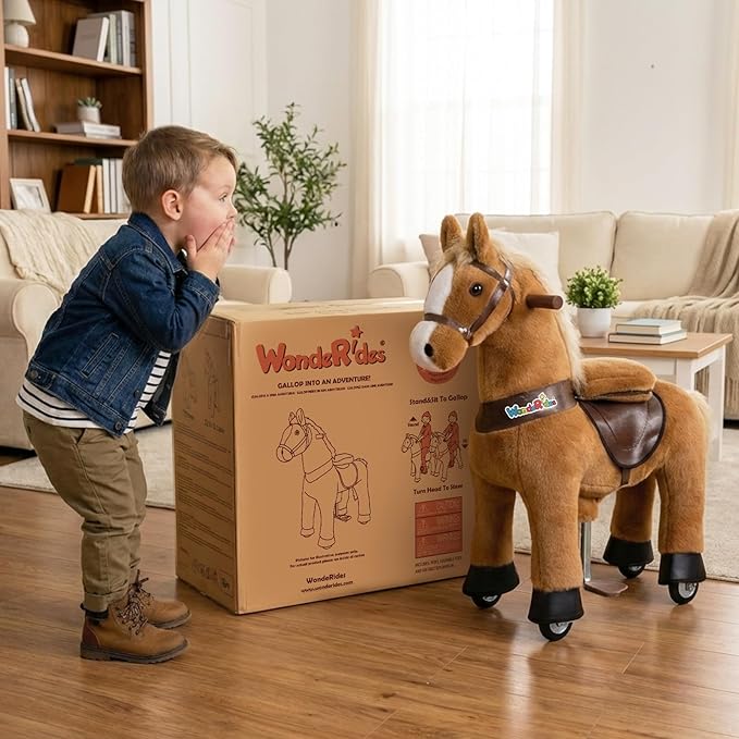 WondeRides Ride on Horse Pony Cycle Brown Toy Size 4 for Kids Age 4-9, 36 Inch Height Riding Horse Plush Rocking Mechanical Walking Animal No Battery or Electricity for Boys Girls M445