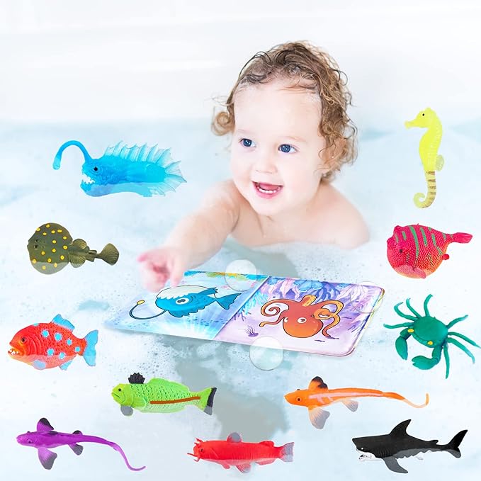 Color Changing No Hole Bath Toys for Kids Toddlers, Color Change Water Table Bathtub Toys Sea Creatures Rubber Fish for Kids & 2 Glow in The Dark Ocean Animal with Bath Book
