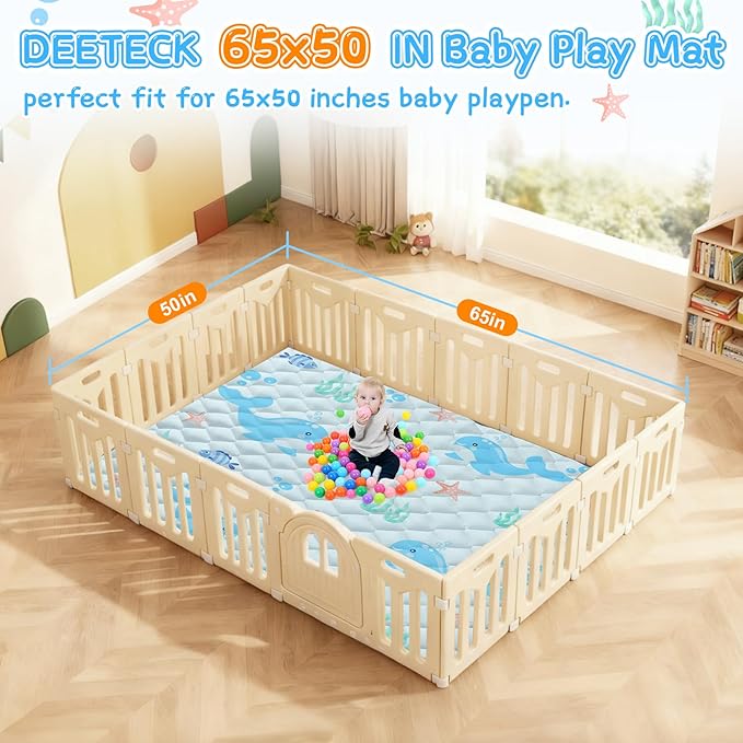 Baby Play Mat 65x50in - Thicken Soft Baby Cushioned Playmats for Playpen - Large Crawling Play Mats for Babies Toddlers Infant Non-Slip - Foldable & Machine Washable Infant Floor Play Mat, Ocean