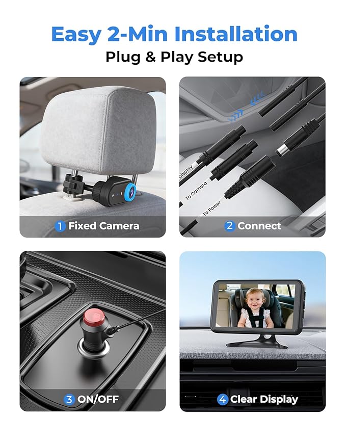 LUCKVIEW BM2A Baby Car Camera – 3X Zoom to See Baby Clearly, 5.2" 1080P Display & Auto IR Night Vision, Rear-Facing View Monitor, Easy Install for Parents & Pet Owners