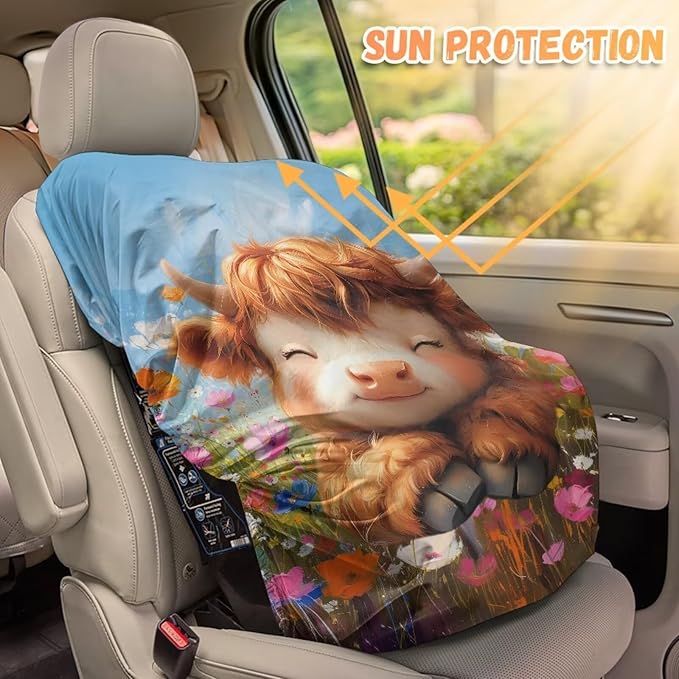 XYZCANDO Baby Highland Cow Infant Car Seat Cover Cartoon Summer Carseat Cover Protect from Sun/Hot Days Portable Baby Car Seat Shade Cover Elastic Infant Car Seat Protector Gift for Her