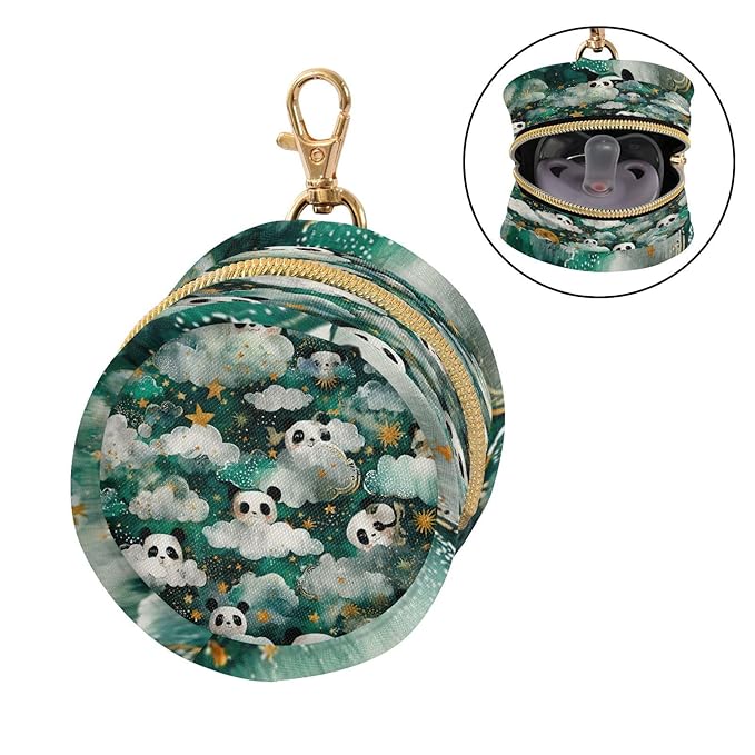 Pacifier Holder with Clip Pacifier Case for Diaper Bag Round Baby Pacifier Pouch Box Bag Portable Green Clouds Pandas Stars Sun