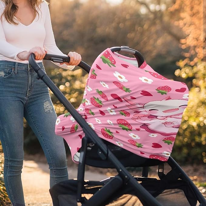 Axolotl Car Seat Covers Canopy Cover - Multi-use Cover Pink Strawberry Carseat Canopy, Breathable Breastfeeding Cover, Reusable Car Seat Covers for Bbies