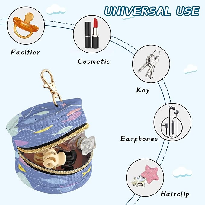 Pacifier Holder with Clip Pacifier Case for Diaper Bag Round Baby Pacifier Pouch Box Bag Portable Blue Fishes and Water Ripple