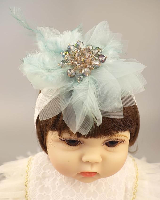 Bethynas Baby Girls Lace Feather Headband Beads Gauze Flower Elastic Toddler Hairband Birthday Party Princess Hair Accessories for Newborn Infant (Green)
