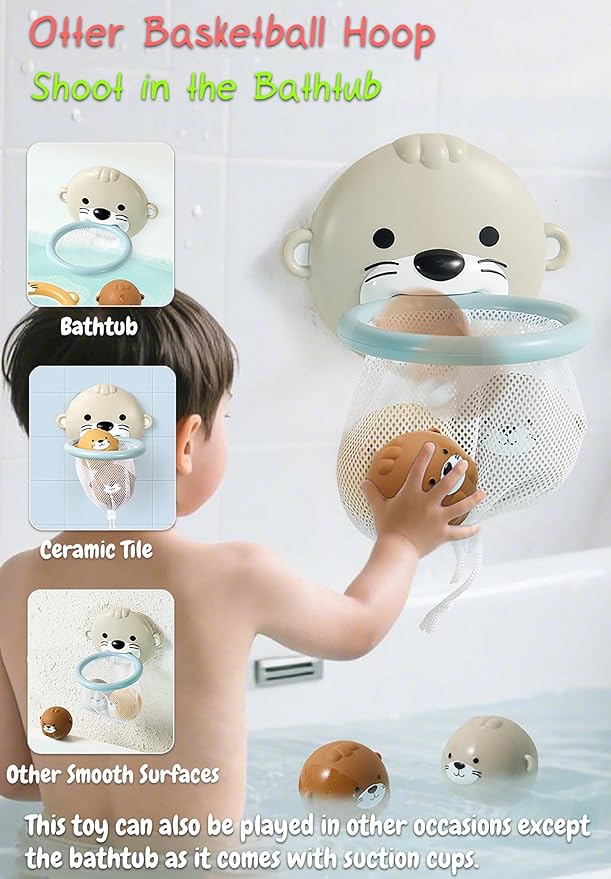 Otter Bath Toy, Otter Family Tub Toy Bathtub Floating Toy for Kids - Soft Vinyl and ABS Plastic Material - No Hole One-Piece Design (Otter Baketball Hoop + 2 Otter Balls)