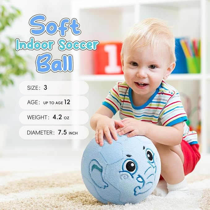 VangeBow Silent Indoor Soccer Balls for Toddlers 1-3, Inflatable Soft Plush Baby Toddler Soccer Ball Toys Gifts for 1 2 3 4 5 Year Old Boy Girl First Birthday Gift (Elephant, Pump Include)