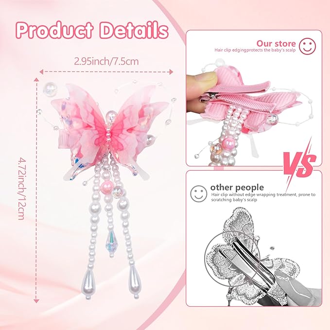 6-piece set of pearl bow tassel hair clips. Highlight the girl's gentle and sweet style. Suitable for girls and children. 3color combinations for butterflies: yellow, green, and pink