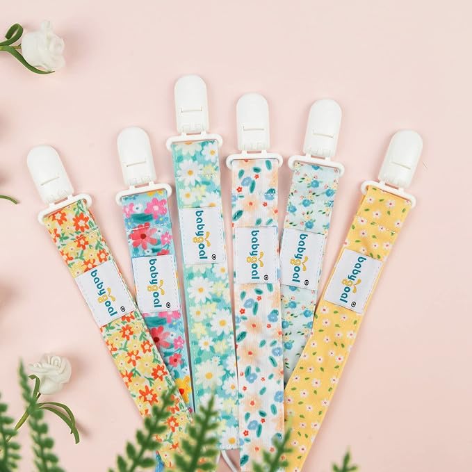 babygoal Floral Pacifier Clips, 6 Pack Binky Paci Holder Clips Leashes Fits for Most Baby Pacifiers and Binkies
