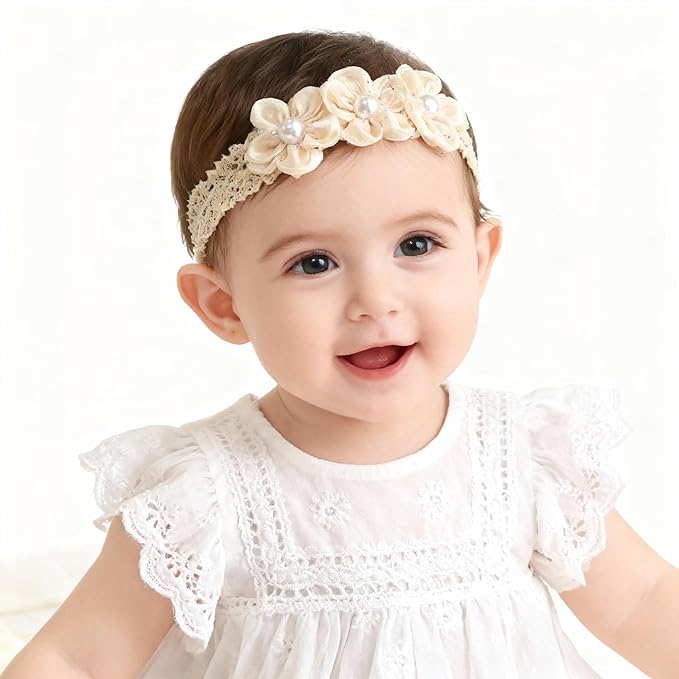 Handmade Baby Girl Headbands in Beige and Pink Lace Flowers for Newborns and Toddlers Cute Baby Girl Flowers and Newborn Headbands (Beige Pearl Flowers, One Size)