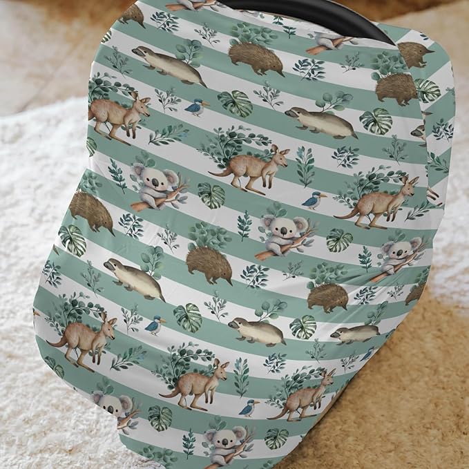 Australian Animals Tropical Leaves Car Seat Cover for Baby Koala Green Stripes Stretchy 5-in-1 Covers Adjustable Car Canopy Breastfeeding Cover Native Australia Breathable Nursing Cover-Up