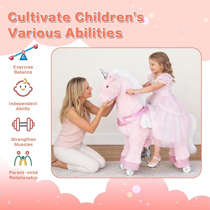 Ride on Unicorn Toys for Kids, Ride on Toy for Girls 4 to 9 Years Old, 36.6'' Height Riding Horse Rider Mechanical Walking Action Plush Animal, No Battery or Electricity, Max Load 165LBS - Pink