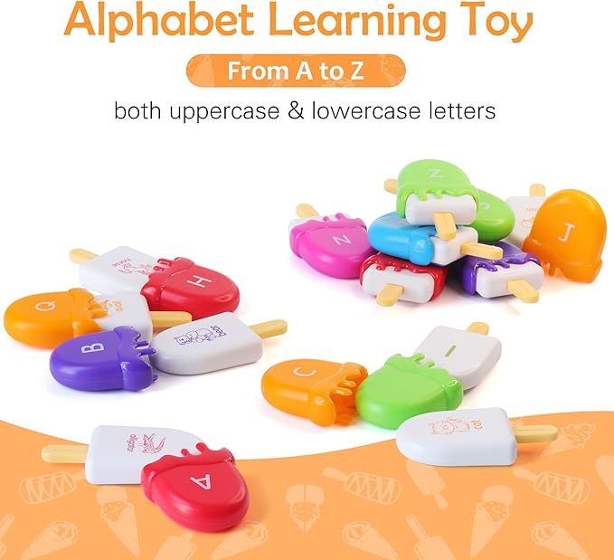 USATDD ABC Alphabet Learning Toys Alphabet Popsicles Animal Matching Toy Uppercase Lowercase Preschool Learning Activities Montessori Toys Easter Gifts for Kids, 52 Pcs