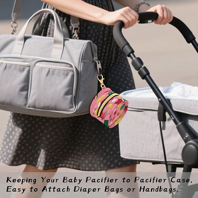 Pacifier Holder with Clip Pacifier Case for Diaper Bag Round Baby Pacifier Pouch Box Bag Portable Pink Watermelon Strawberry and Banana