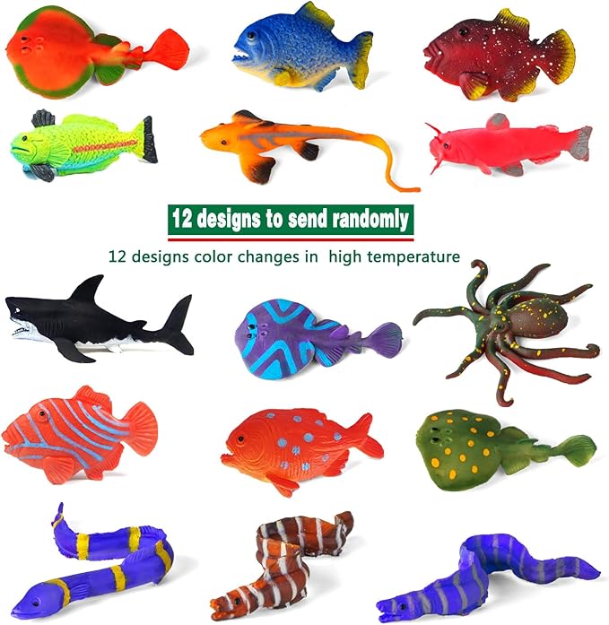 12 Pack Color Changing Sea Animal Toys,Change Color Ocean Animals Figures,Mold Free Bath Toys for Toddlers Kids,Water Table Toys,Rubber Floating Fish Toys for Themed Party Supplies,Goodie Bags Fillers