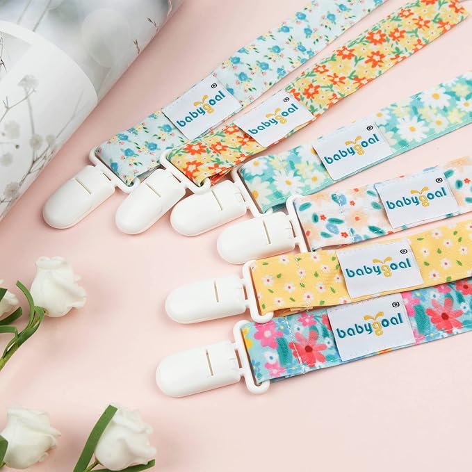 babygoal Floral Pacifier Clips, 6 Pack Binky Paci Holder Clips Leashes Fits for Most Baby Pacifiers and Binkies