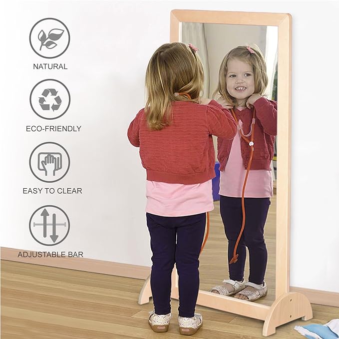 3-Position Montessori Shatterproof Safety Baby Mirror w/Pull Up Handrail, Infant Coordination Mirror Set, Kid's Classroom Furniture for Nursery, Daycare, Homeschool or Preschool (Natural Pura)