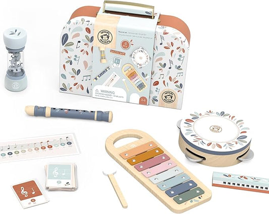 SPEEDY MONKEY Musical Set – 5 Instruments: Xylophone, Tambourine, Rainmaker, Recorder & Harmonica, Colorful & Safe, Non-Toxic Paint, Ideal for Beginners & Kids 3+ Years