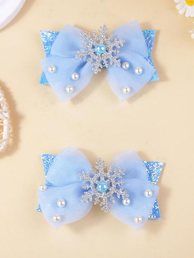 2PCS Baby Girl Dog Gift Wrap Hair Bow Clips Barrettes Blue Glitter Hair Bow Clips with Snowflake and Pearl Embellishments Assorted Hair Accessories Alligator Clip for Little Girls Toddler Kids Teens