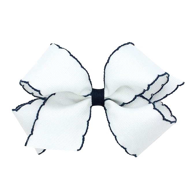 Wee Ones Girls' Classic Grosgrain Moonstitch Edge Hair Bow, No-Slip Hair Clip, Handmade, White Milenium Blue, Medium