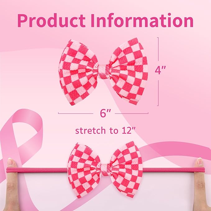 YanJie 3PCS 4.5’’ Breast Cancer Awareness Bows for Baby Girls Pink Headbands Checkered Headband Cancer Awareness Items Hair Accessories for Newborns