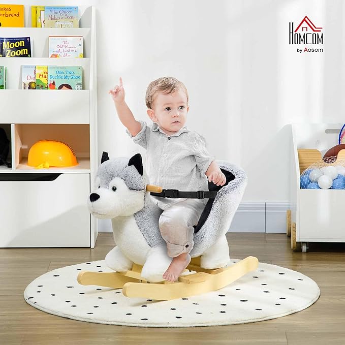 Qaba Wooden Rocking Horse, Husky Themed Rocking Animal for Baby, Animal Rocker Ride-On Toy for Kids 18+ Months with Realistic Sounds, Seat Belt, Gray