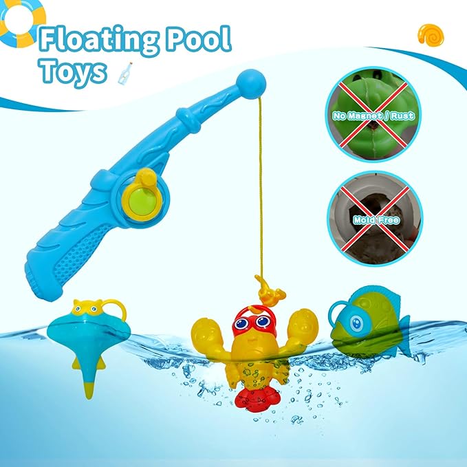 Toddler Bath Toys for Kids Ages 1-3, 26PCS Mold Free Bathtub Pool Water Table Toys with Pole Rod Net Outdoor Plastic Floating Fish and Mesh Bag, Birthday Gifts for Kids Age 3 4 5 6 7 8 Year Old