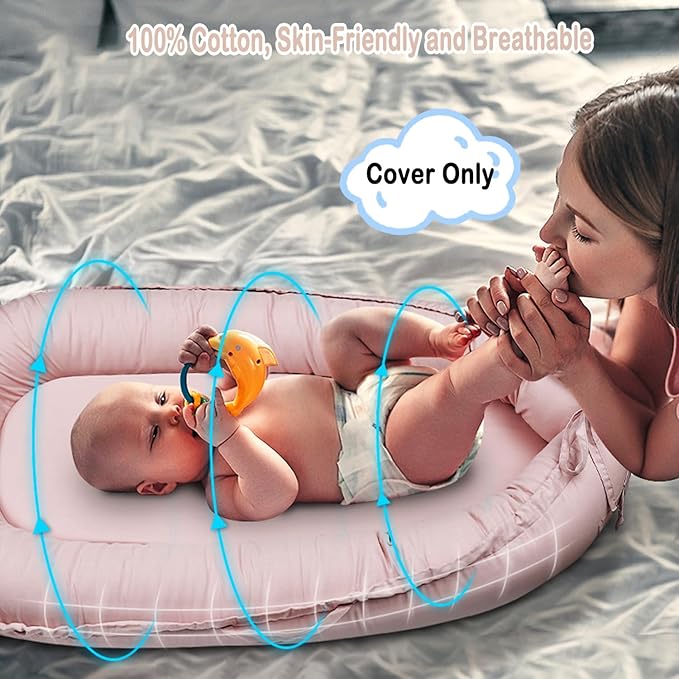 Baby Lounger Cover for Newborns, 100% Cotton Soft Portable Baby Nest Lounger Cover, Breathable Infant Lounger Replacement Cover, Lounger Pillow Cover Fit for Snuggle Me, Cover Only(Pink)