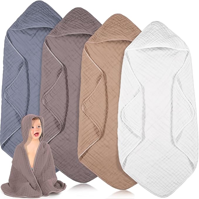 Peryiter 4 Pcs Muslin Hooded Baby Towels 32 x 32 Inch Cotton Newborn Bath Essentials Muslin Infant Blankets Absorbent Registry Gifts for Girl Boy Kids Baby Shower (White,Coffee,Blue)