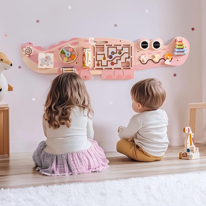 ROBOTIME Crocodile Busy Board Wall Panels for Toddlers, Pink Montessori Sensory Activity Board, Montessori Sensory Wall-Mounted Learning Center Toy for Kids Room, Educational Toys for Boys & Girls