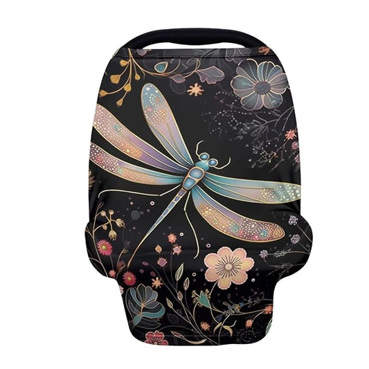 HUIACONG Floral Dragonfly Car Seat Covers Black Baby Carseat Cover for Babies Boys Girls Nursing Cover Breastfeeding Scarf Infant Stroller Cove Canopy