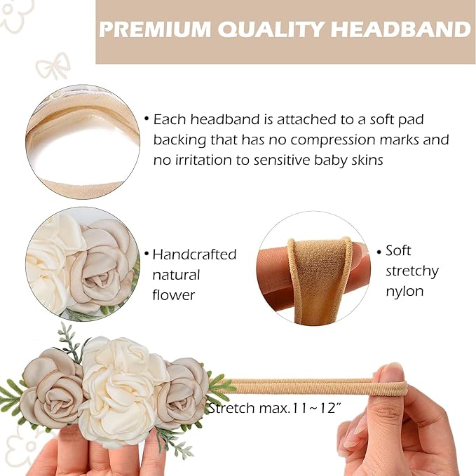 Baby Girl Flower Headbands Set, 3pcs Elastic Nylon Floral Hair Band, Bows Wrap for Infant Newborn Toddler