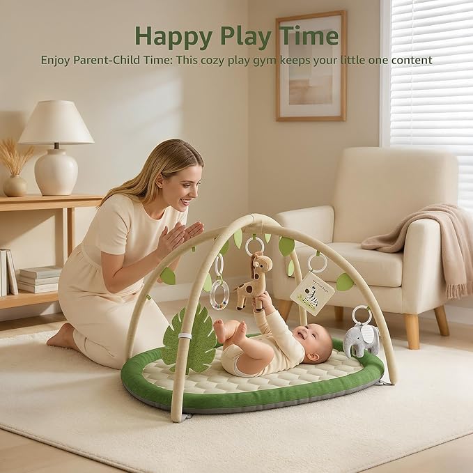 Baby Play Gym & Activity Mat, Baby Play Mat with 5 Detachable Toys, Promotes Motor Skills & Sensory Development, Tummy Time Mat for Baby to Toddler, Baby Essentials Shower Gift, Green