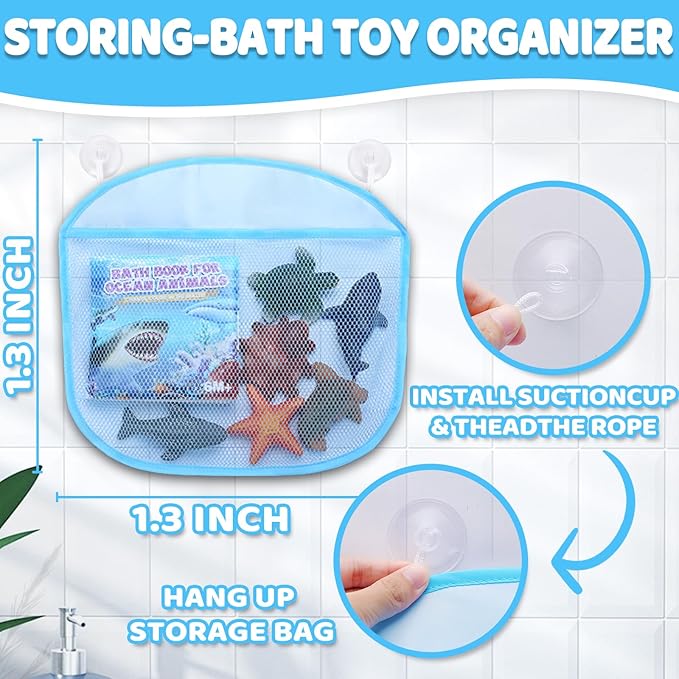6 Pack Light Up Bath Toys & Magic Bath Book & Storage Bag for Toddler, No Hole Floating Ocean Animal with LED Flashing Colors, Glow Sensory Bathtub Toy for Kid, Water Table Toy, Gift for Boy Girl