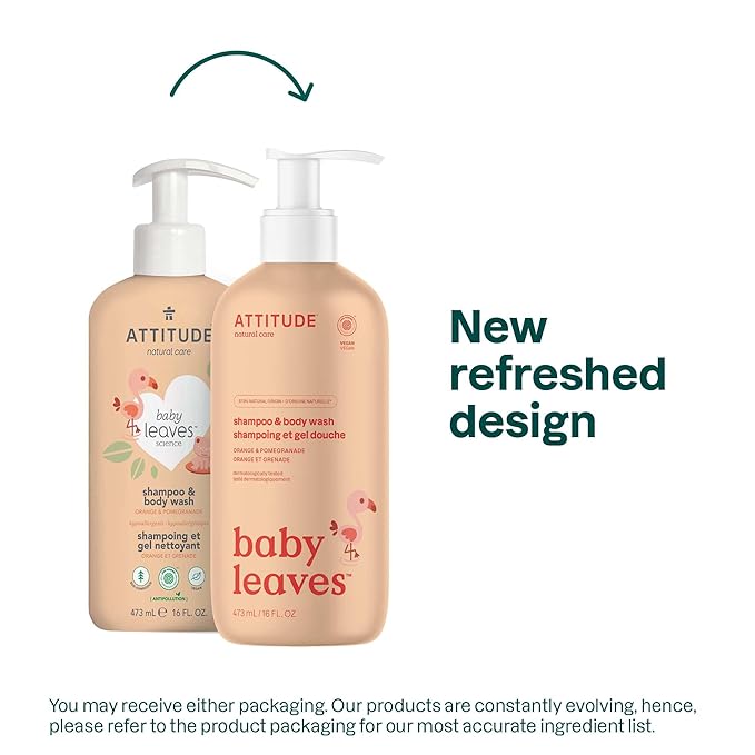 ATTITUDE Baby 2-in-1 Shampoo & Body Wash, EWG Verified, Dermatologically Tested, Vegan, Orange and Pomegranate Scent, 16 Fl Oz (Pack of 6)