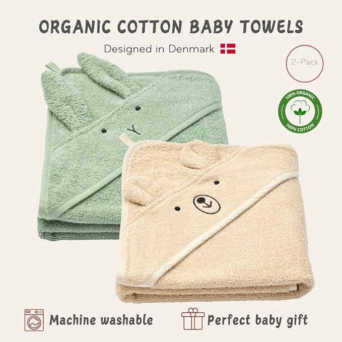 Hooded Baby Towels - Organic Cotton Baby Bath Towels, 32" x 32" Super-Soft and Absorbent Baby Towels for Newborn 2-Pack (TW Bear Fog/R. Roman Green)
