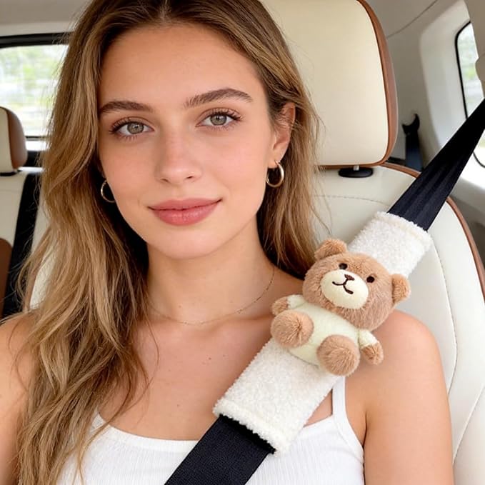 2 PCS Seat Belt Cover Pad, Cute Kawaii Animal Bear Seatbelt Covers for Kids and Adults, Winter Plush Fluffy Soft Seat Belt Cover, Cartoon Seatbelt Cushion,Car Seat Strap Pads (D-Bear)