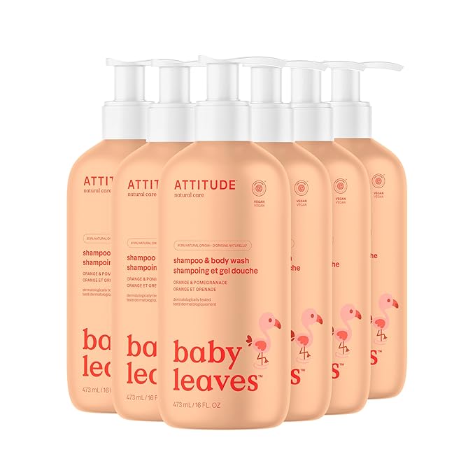 ATTITUDE Baby 2-in-1 Shampoo & Body Wash, EWG Verified, Dermatologically Tested, Vegan, Orange and Pomegranate Scent, 16 Fl Oz (Pack of 6)