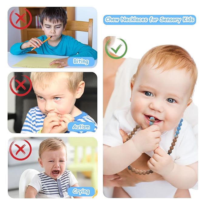 Teething Necklace for Baby - Integrated Safety Design for Toddler, Sensory Chew Necklace for Kids, Boys, Girls with Autism, ADHD, Fidget - Nursing Breastfeeding Necklace for Mom