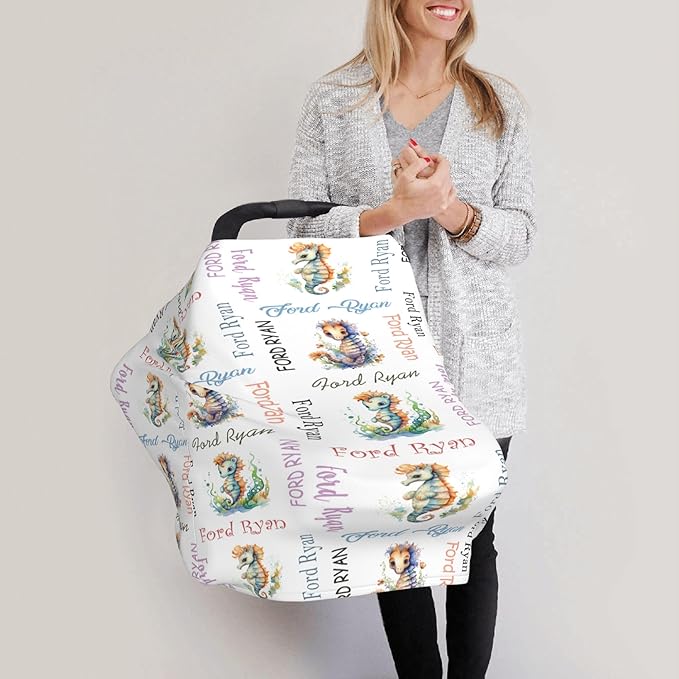 Personalized Baby Car Seat Cover with Name Stroller Canopy Custom Seahorse Carseat Cover Newborn Baby Boy Girl Nursing Cover for Moms First Birthday Gift