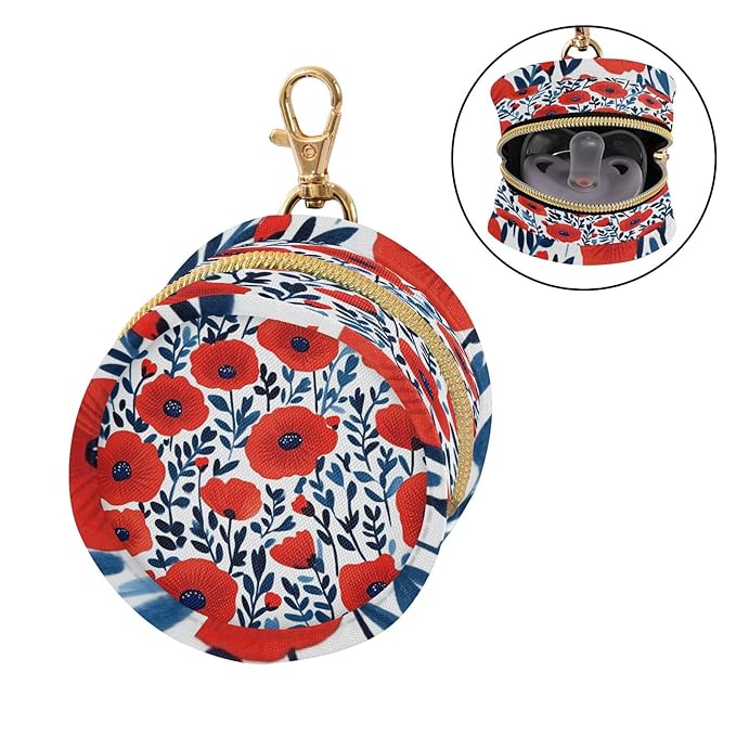 Pacifier Holder with Clip Pacifier Case for Diaper Bag Round Baby Pacifier Pouch Box Bag Portable Red Poppy and Leaves